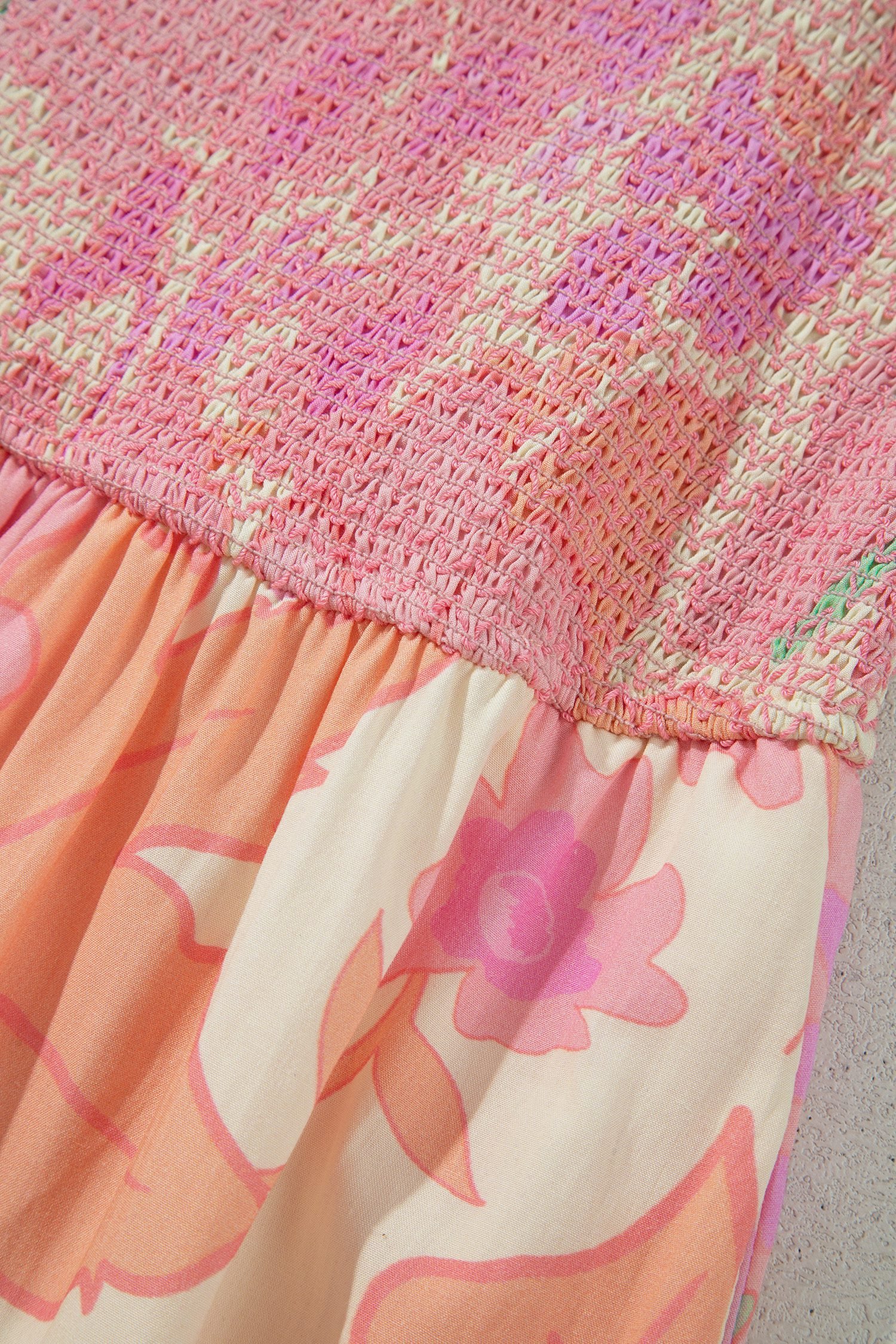 Pink Spaghetti Straps Floral Shirred High Waist Dress