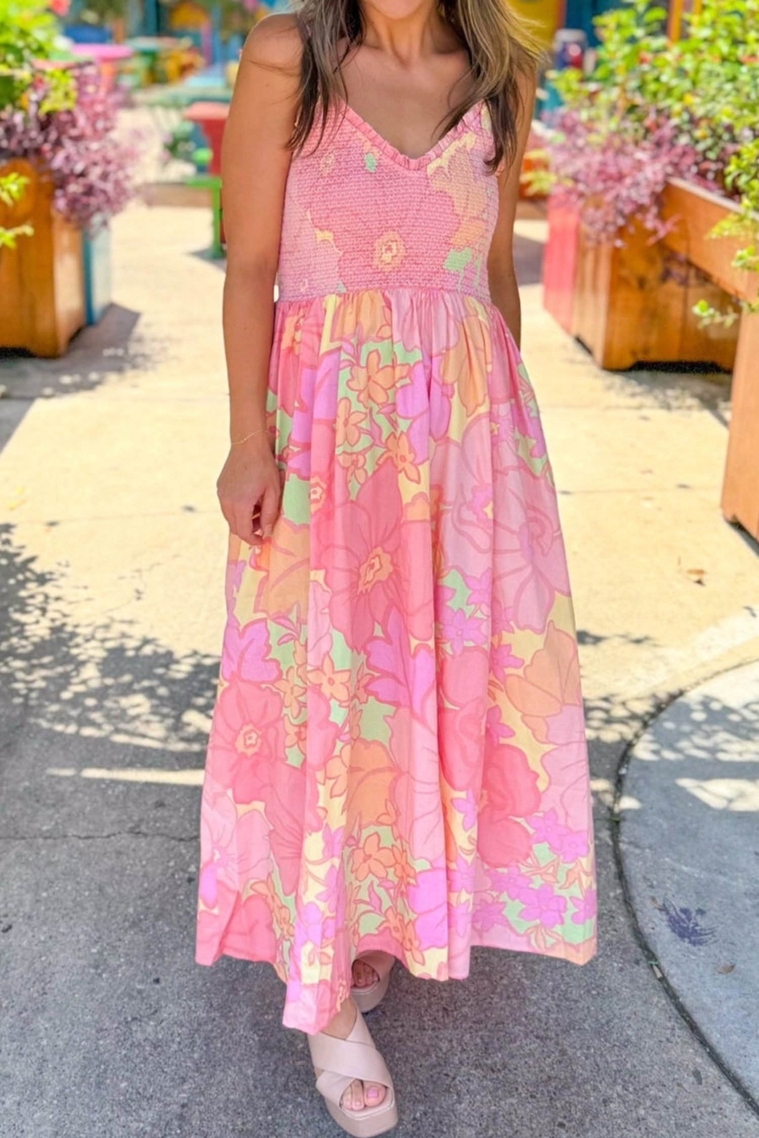 Pink Spaghetti Straps Floral Shirred High Waist Dress
