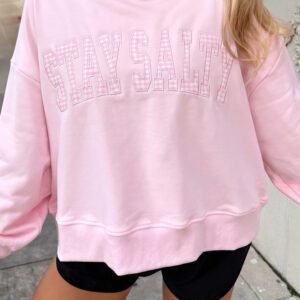 Pink Stay Salty Embroidered Long Sleeve Stand Neck Shift Pullover Sweatshirt