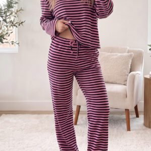 Pink Stripe Casual Long Sleeve Top Drawstring Pant Set