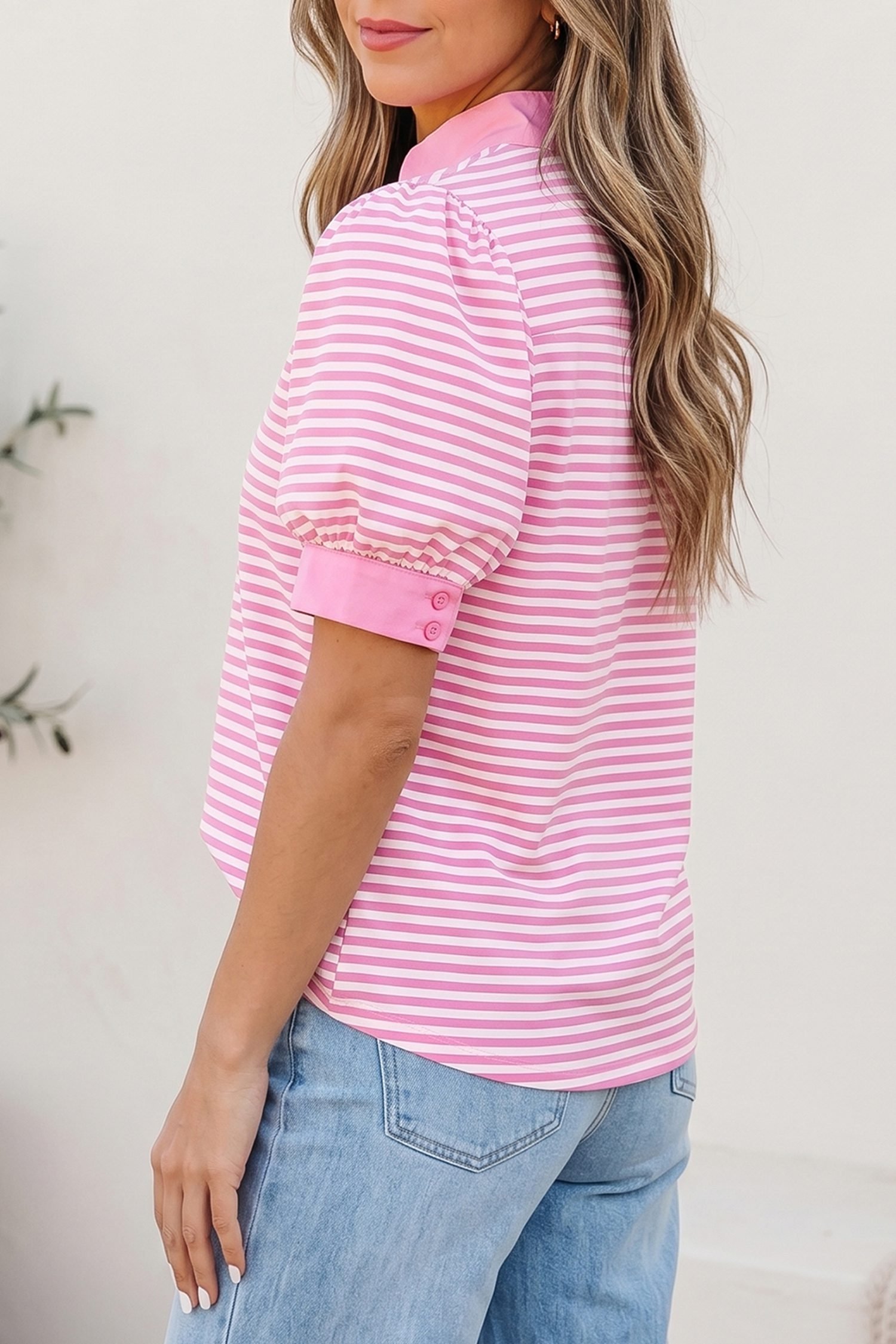 Pink Stripe Color Block Detail Split Neck Short Sleeve Blouse