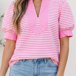 Pink Stripe Color Block Detail Split Neck Short Sleeve Blouse