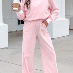 Pink Stripe Color Block Trim Mock Neck Pullover Drawstring Pants Casual Outfit