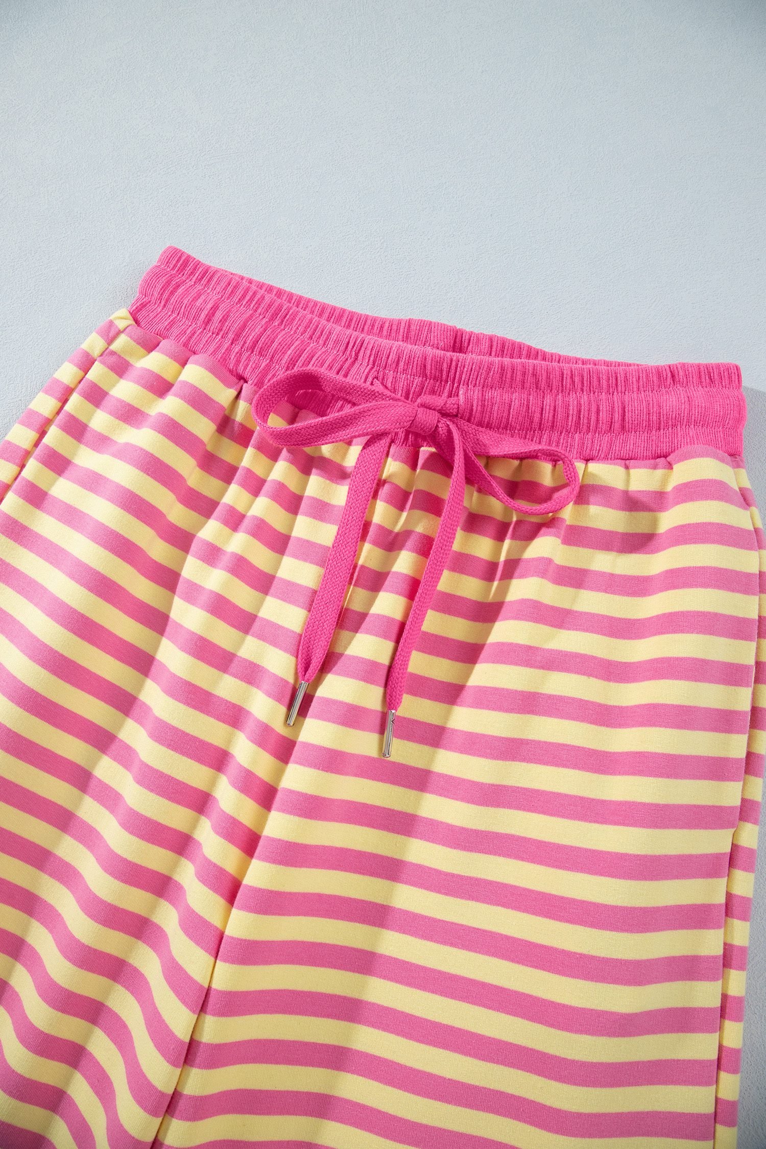 Pink Stripe Colorblock Trim Crew Neck Loose Tee Drawstring Elastic Waist 2pcs Pant Set