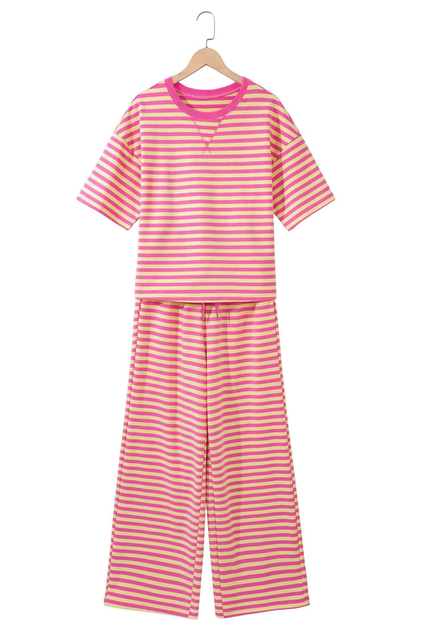 Pink Stripe Colorblock Trim Crew Neck Loose Tee Drawstring Elastic Waist 2pcs Pant Set