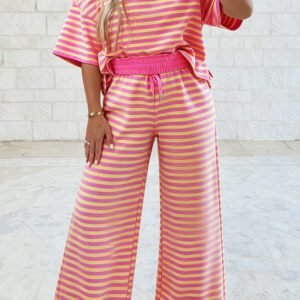 Pink Stripe Colorblock Trim Crew Neck Loose Tee Drawstring Elastic Waist 2pcs Pant Set