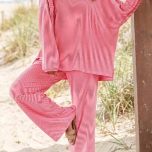 Pink Stripe Contrast Trim Round Neck Oversize Long Sleeve Top 2pcs Pant Set