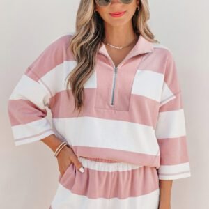 Pink Stripe Half Zip Bracelet Sleeve Top Casual Short Set