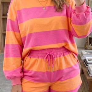 Pink Stripe Plus Size Horizontal Color Block Long Sleeve Top Drawstring Short Set