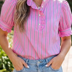 Pink Stripe Ruffle Trim Half Button Short Puff Sleeve Blouse