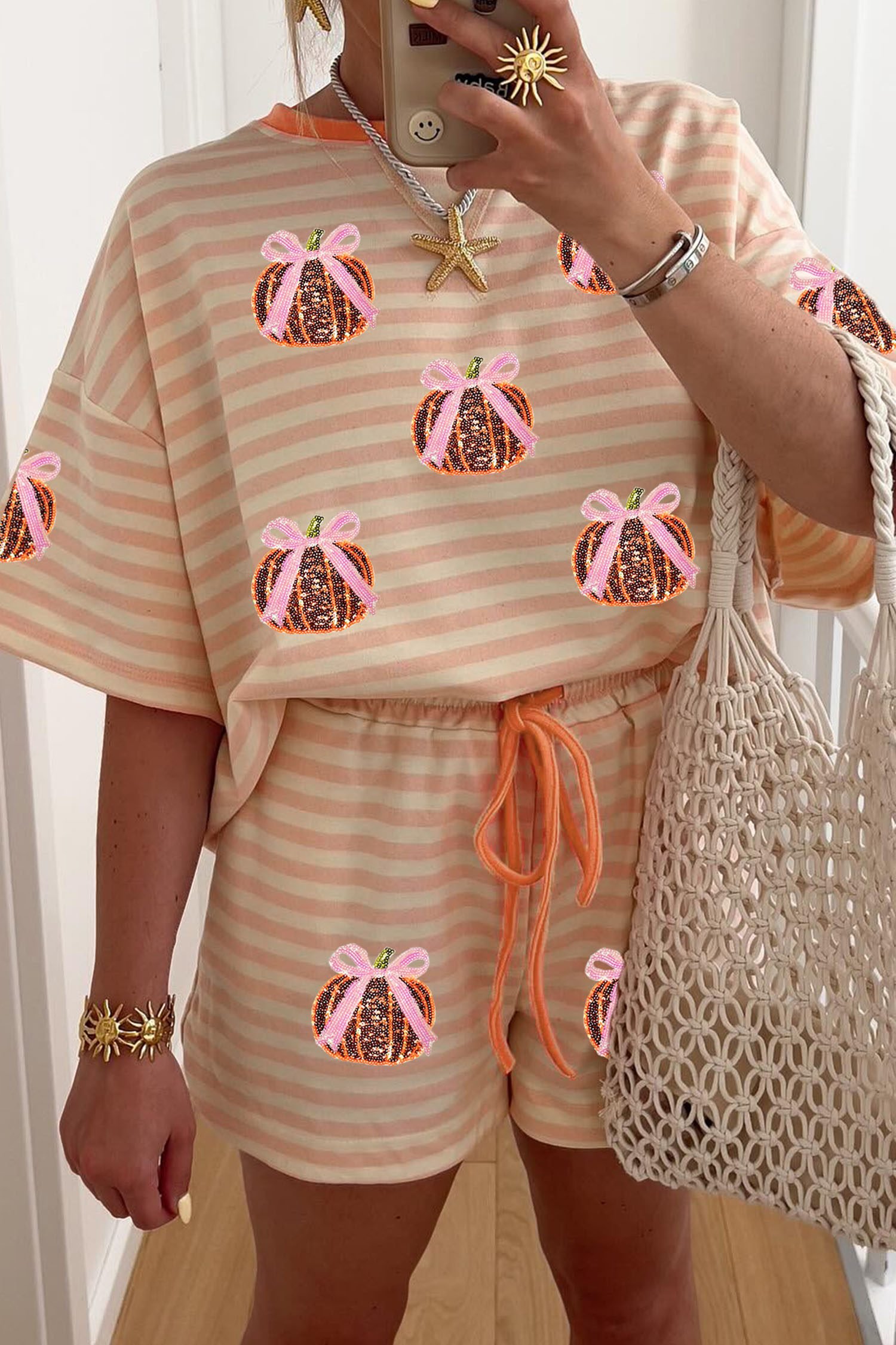 Pink Stripe Sequined Pumpkin Relaxed Tee Drawstring Shorts Casual 2pcs Set