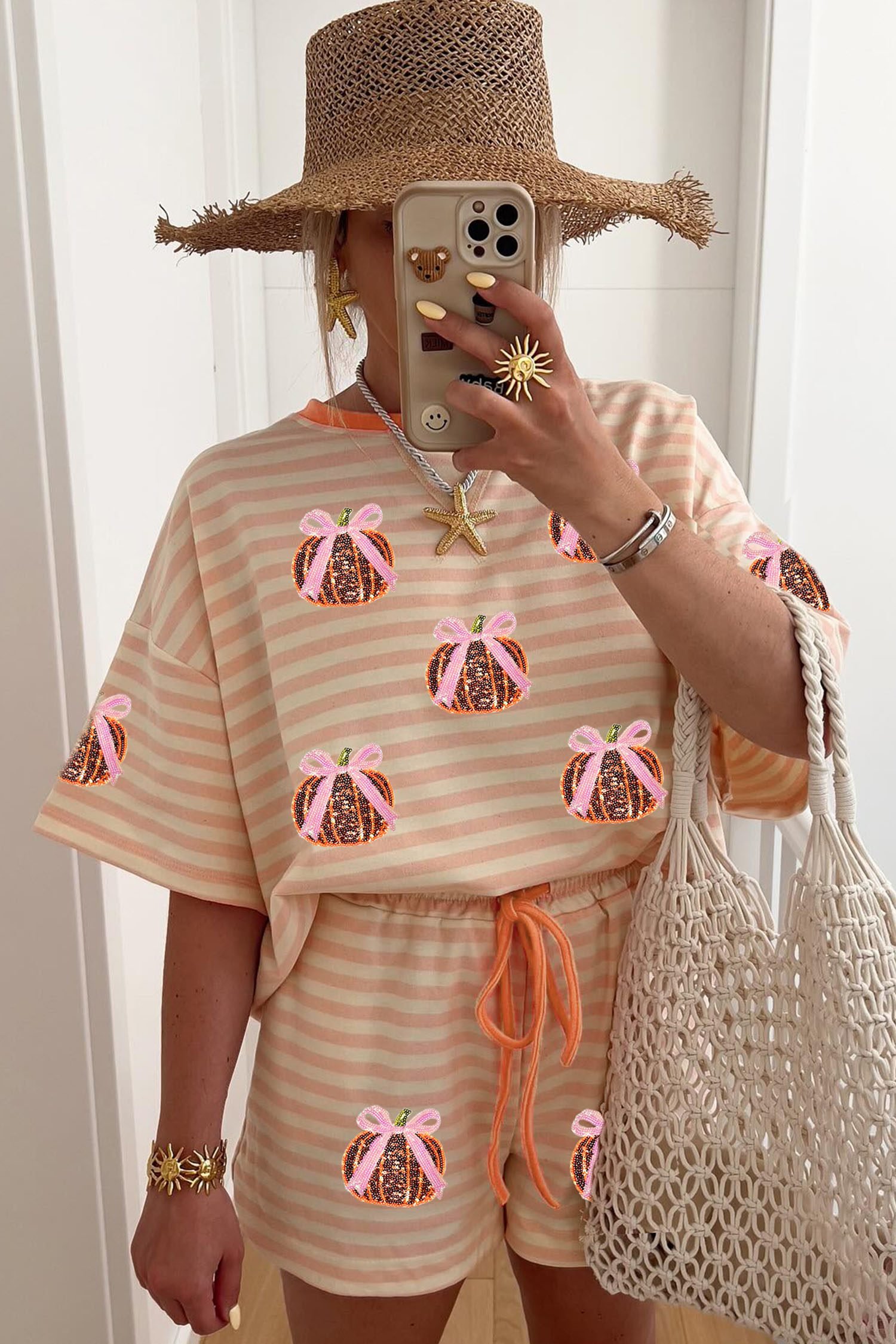 Pink Stripe Sequined Pumpkin Relaxed Tee Drawstring Shorts Casual 2pcs Set