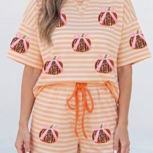 Pink Stripe Sequined Pumpkin Relaxed Tee Drawstring Shorts Casual 2pcs Set