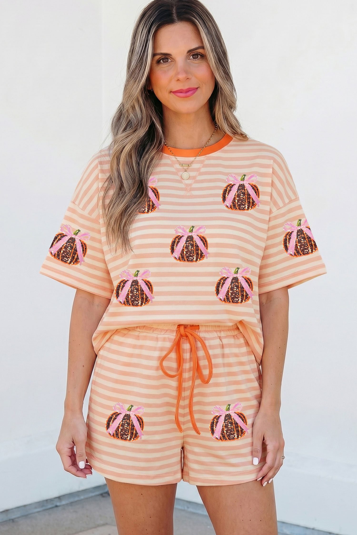 Pink Stripe Sequined Pumpkin Relaxed Tee Drawstring Shorts Casual 2pcs Set