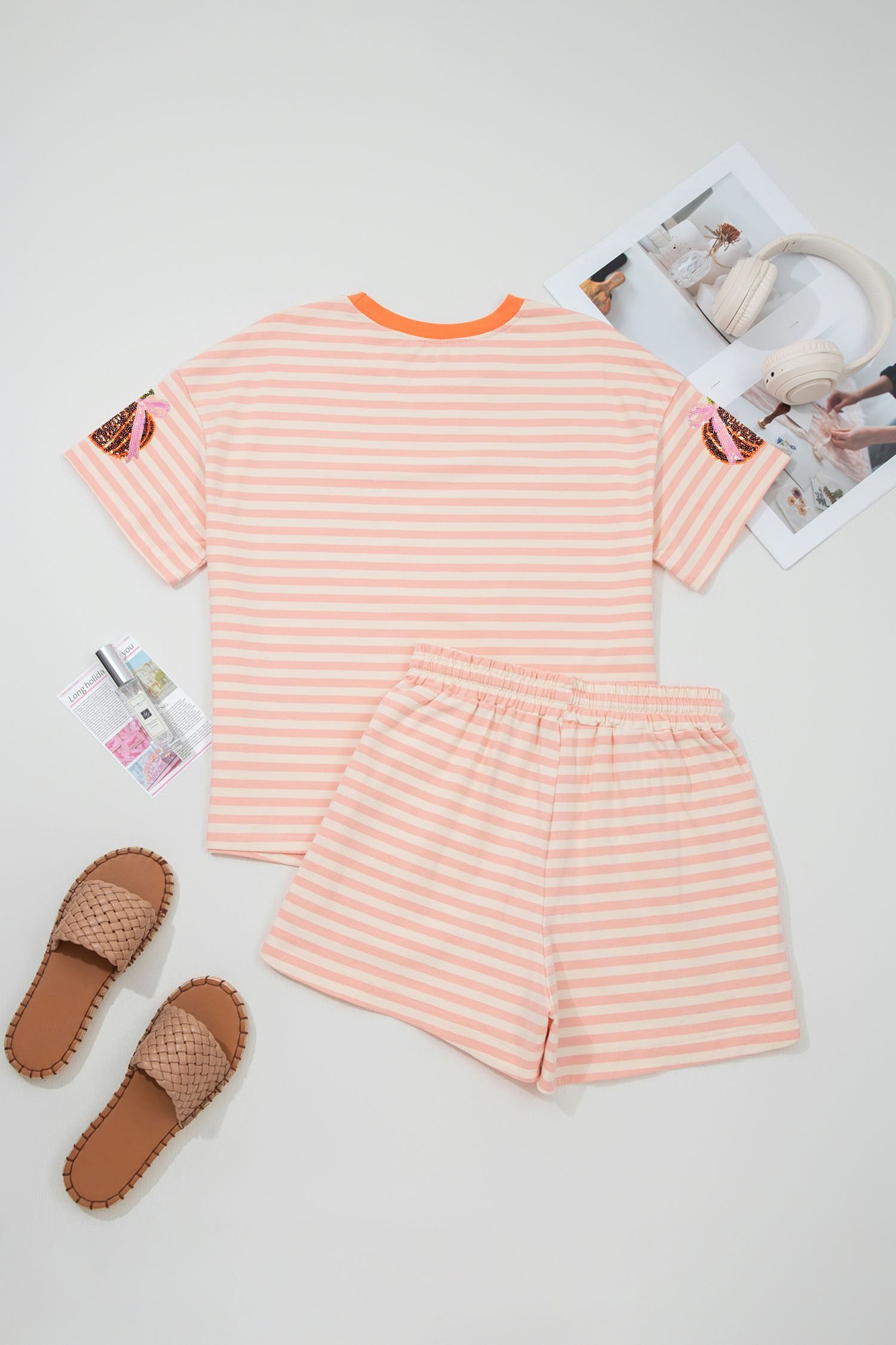 Pink Stripe Sequined Pumpkin Relaxed Tee Drawstring Shorts Casual 2pcs Set