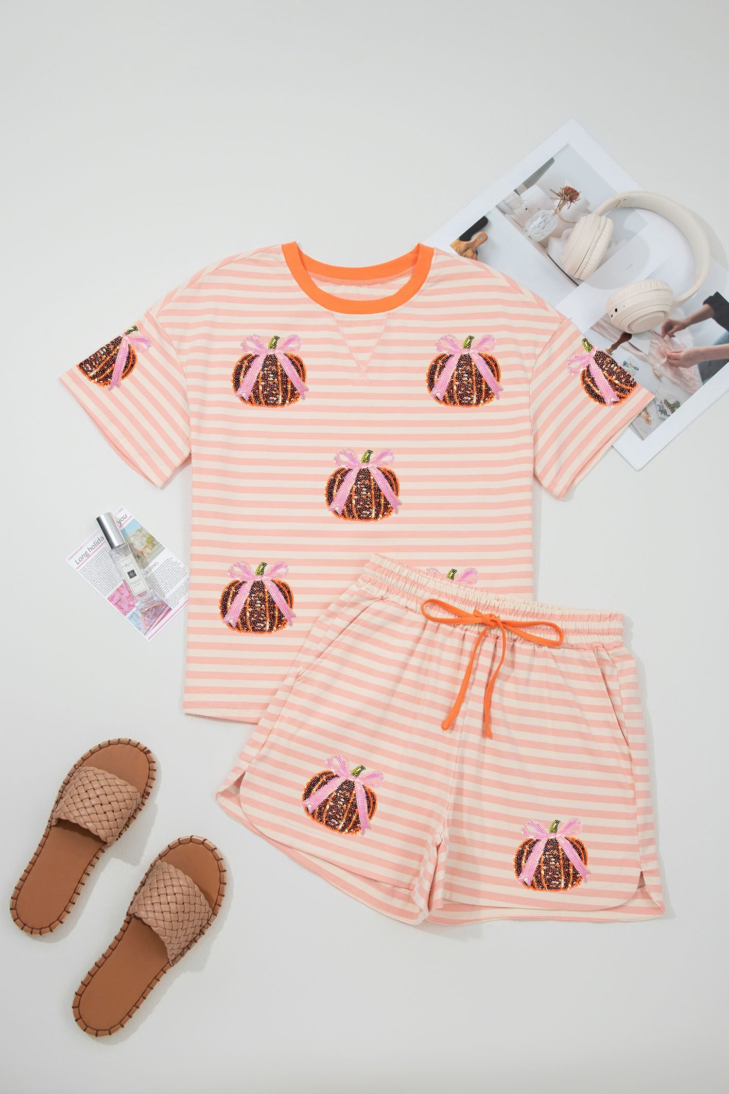 Pink Stripe Sequined Pumpkin Relaxed Tee Drawstring Shorts Casual 2pcs Set