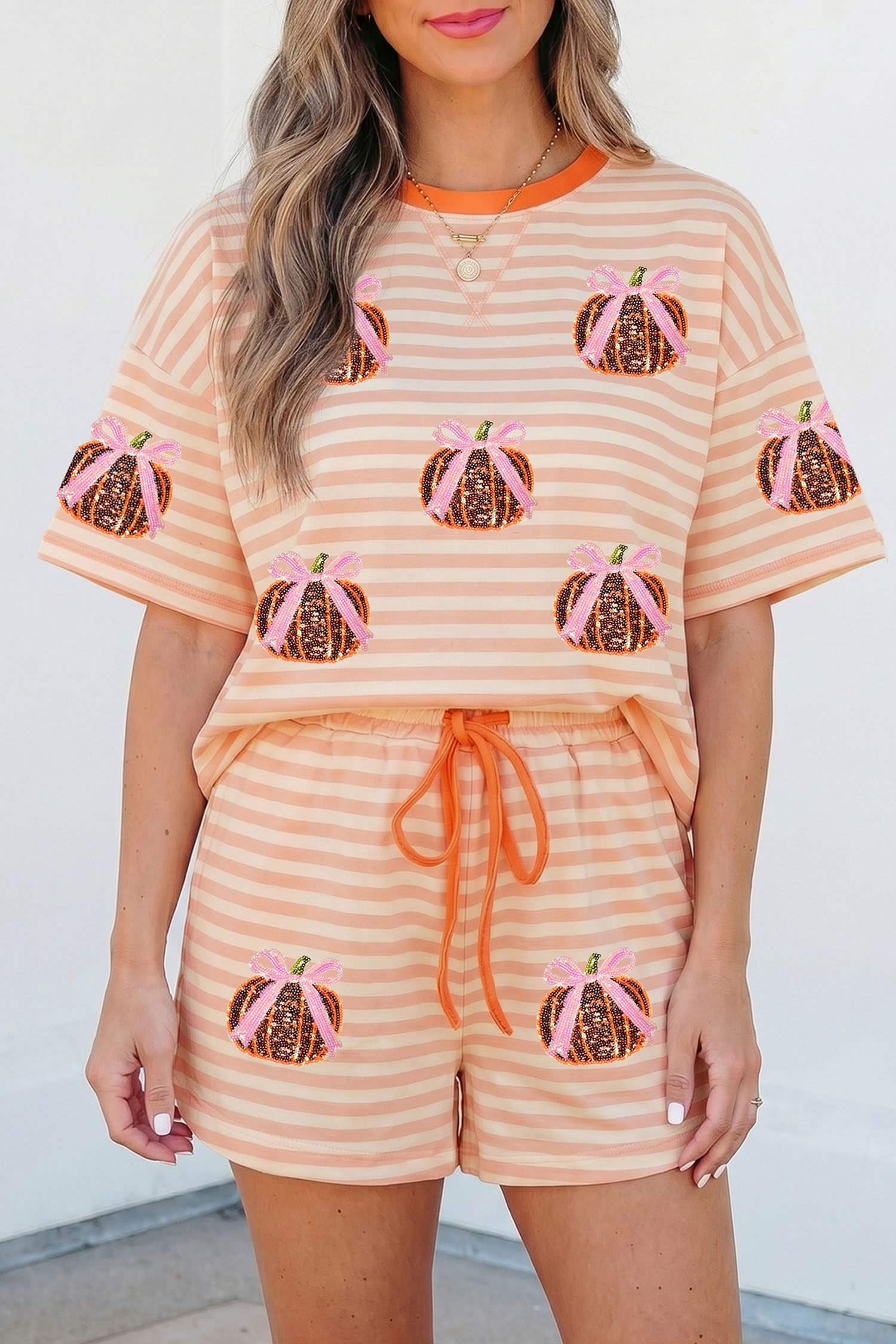 Pink Stripe Sequined Pumpkin Relaxed Tee Drawstring Shorts Casual 2pcs Set