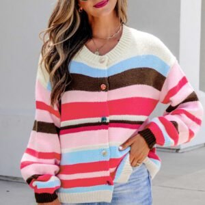 Pink Stripe Striped Colorblock Drop Shoulder Cardigan