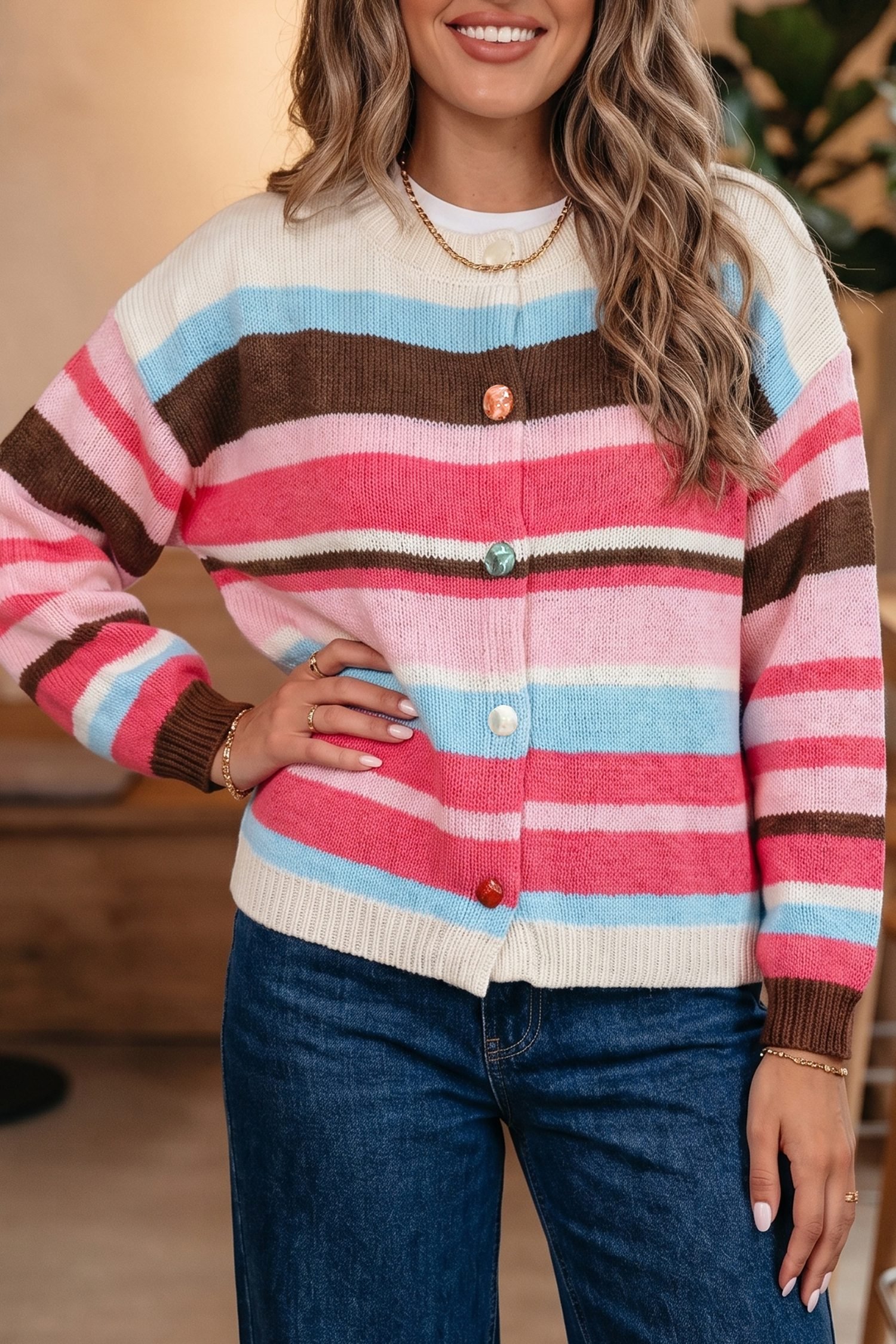 Pink Stripe Striped Colorblock Drop Shoulder Cardigan