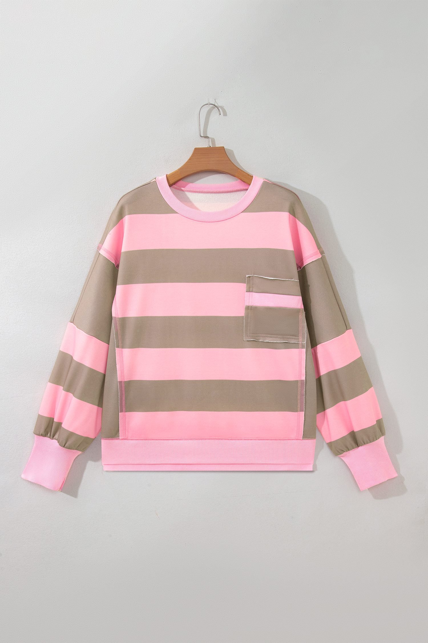 Pink Stripe Striped Colorblock Patch Pocket Split Hem Oversized Long Sleeve Sweatshirt