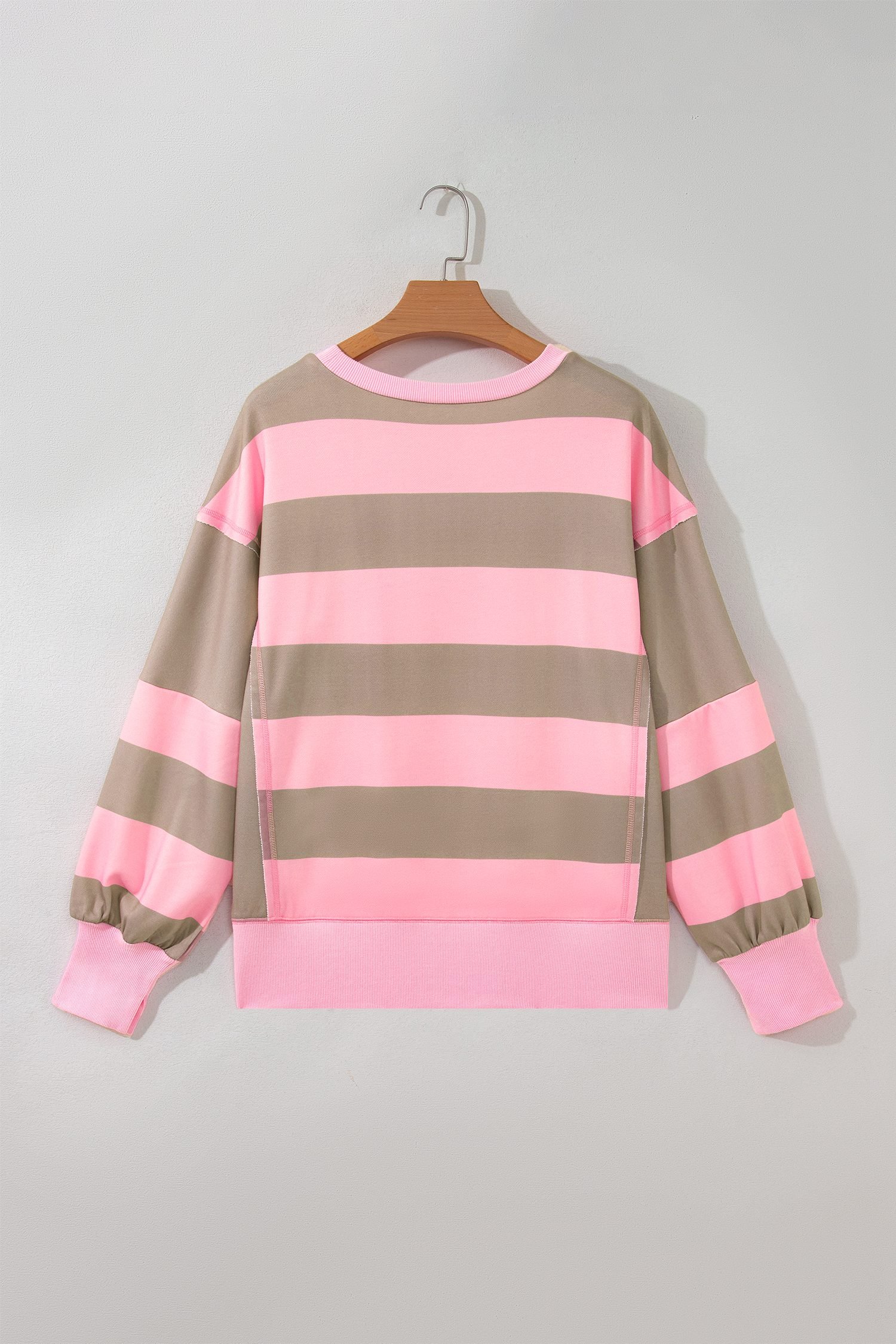 Pink Stripe Striped Colorblock Patch Pocket Split Hem Oversized Long Sleeve Sweatshirt