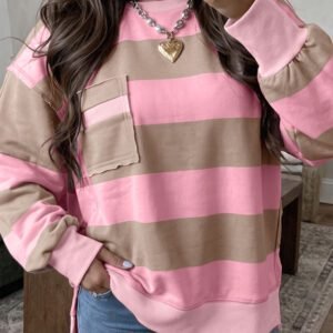 Pink Stripe Striped Colorblock Patch Pocket Split Hem Oversized Long Sleeve Sweatshirt