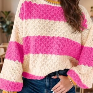 Pink Stripe Striped Colorblock Texture Drop Shoulder Sweater