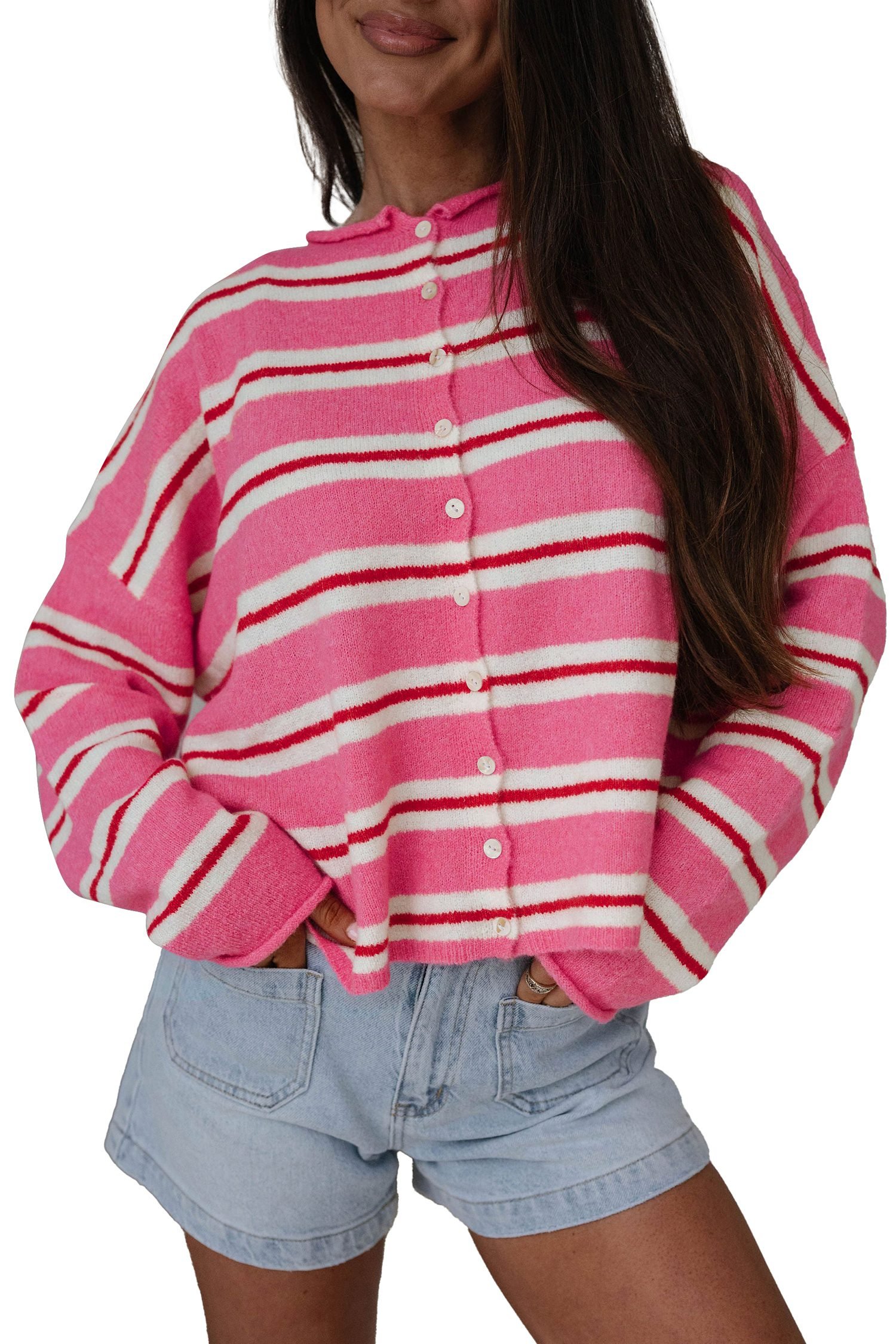 Pink Stripe Striped Drop Shoulder Button Cardigan