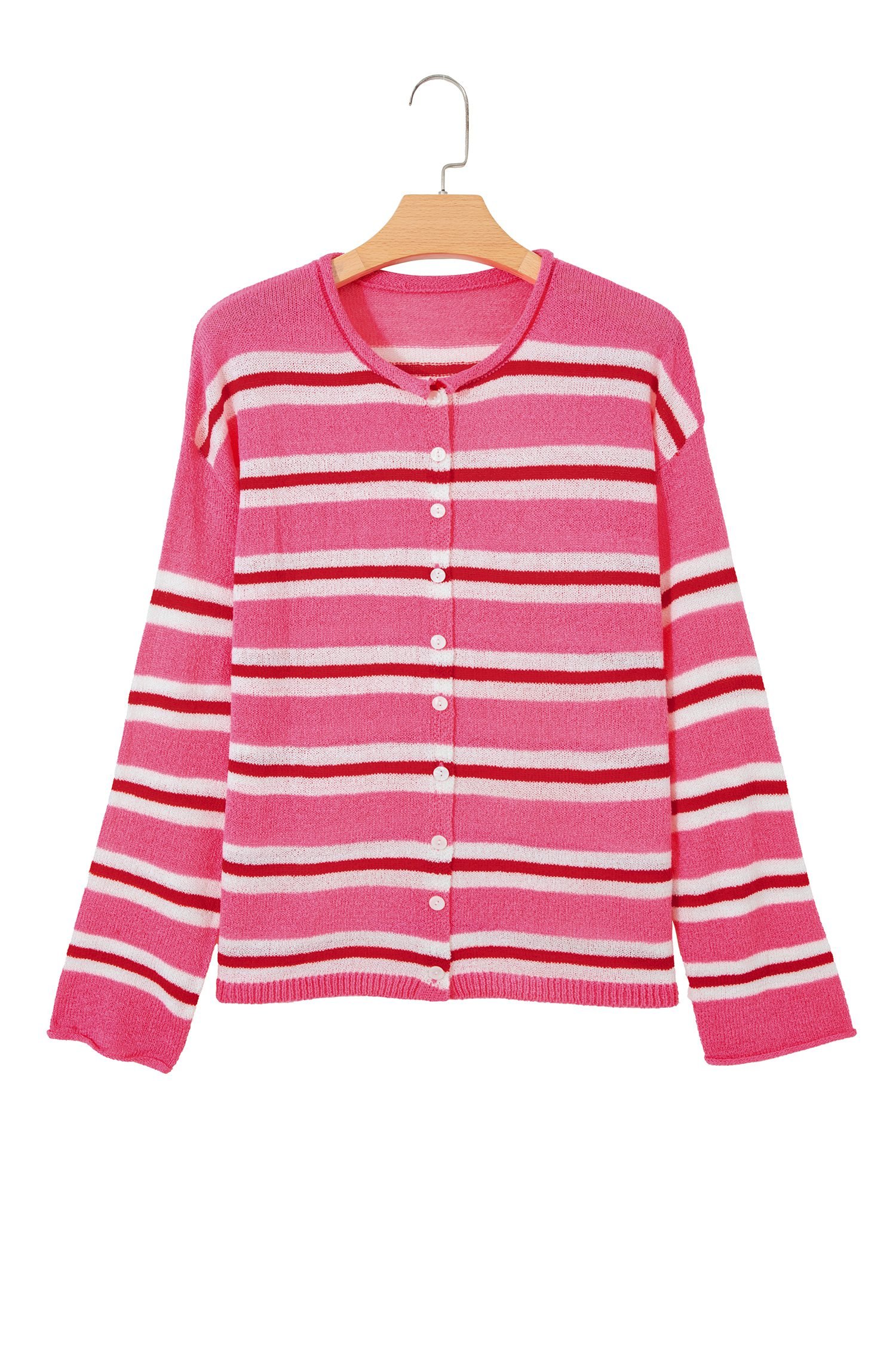 Pink Stripe Striped Drop Shoulder Button Cardigan
