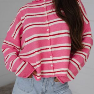 Pink Stripe Striped Drop Shoulder Button Cardigan