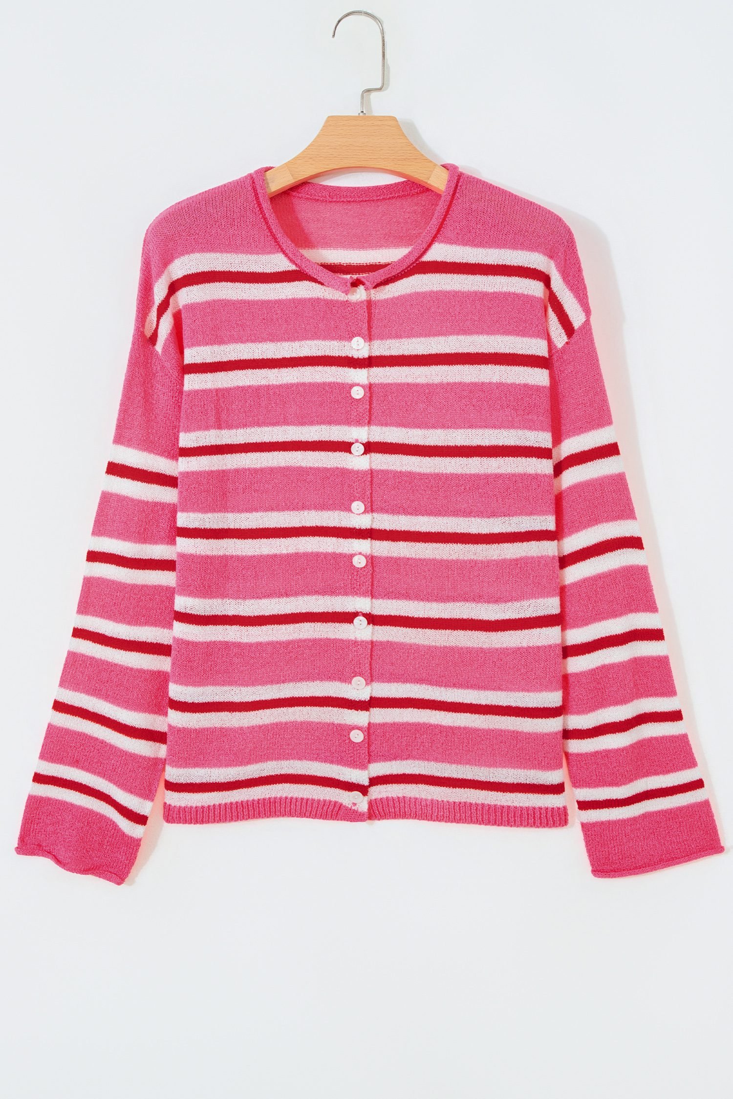 Pink Stripe Striped Drop Shoulder Button Cardigan