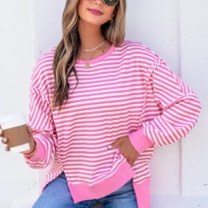 Pink Stripe Textured Knit Color Block Trim Split Hem Long Sleeve Top