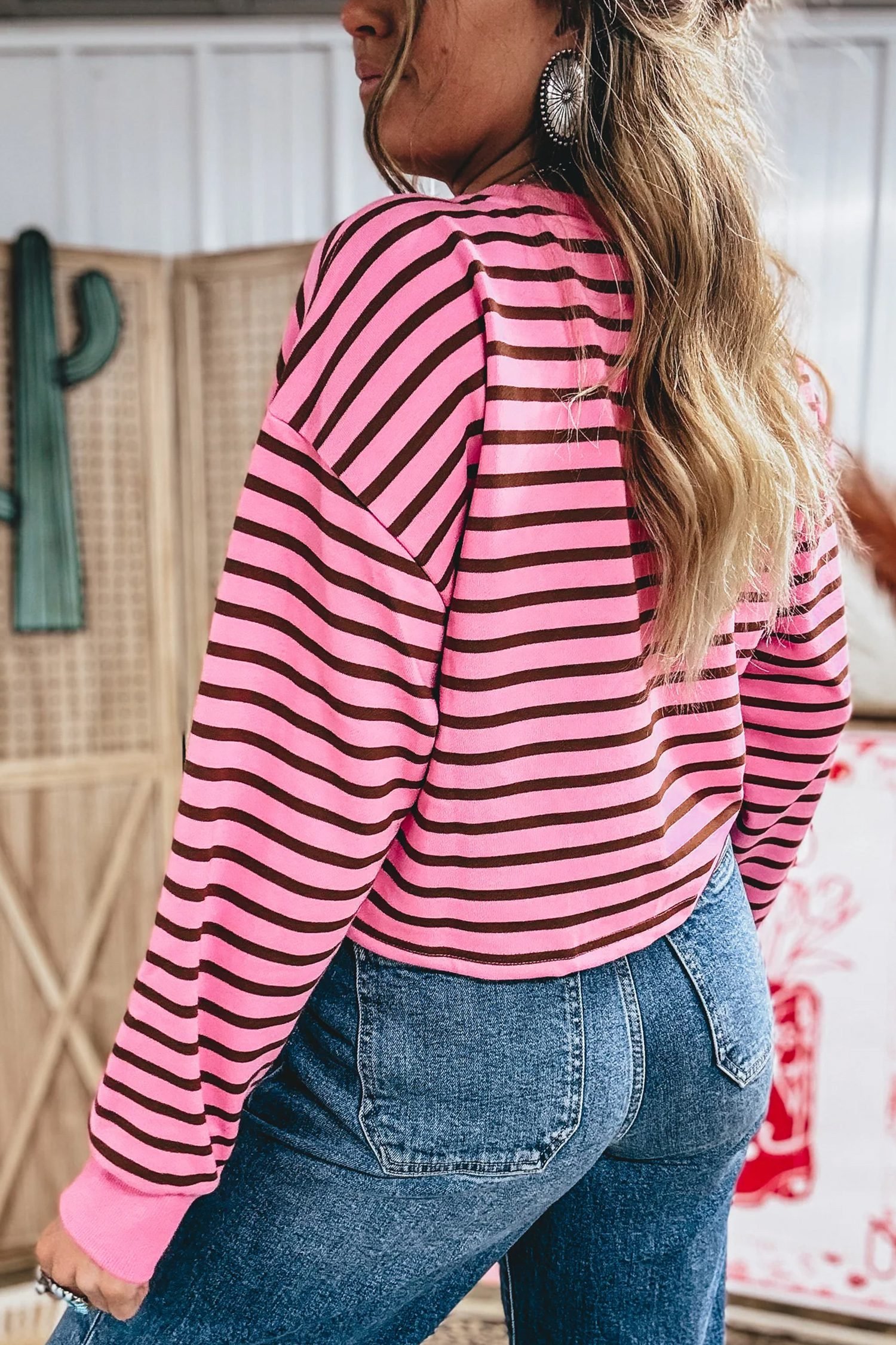 Pink Stripe V Neck Drop Shoulder Long Sleeve Top