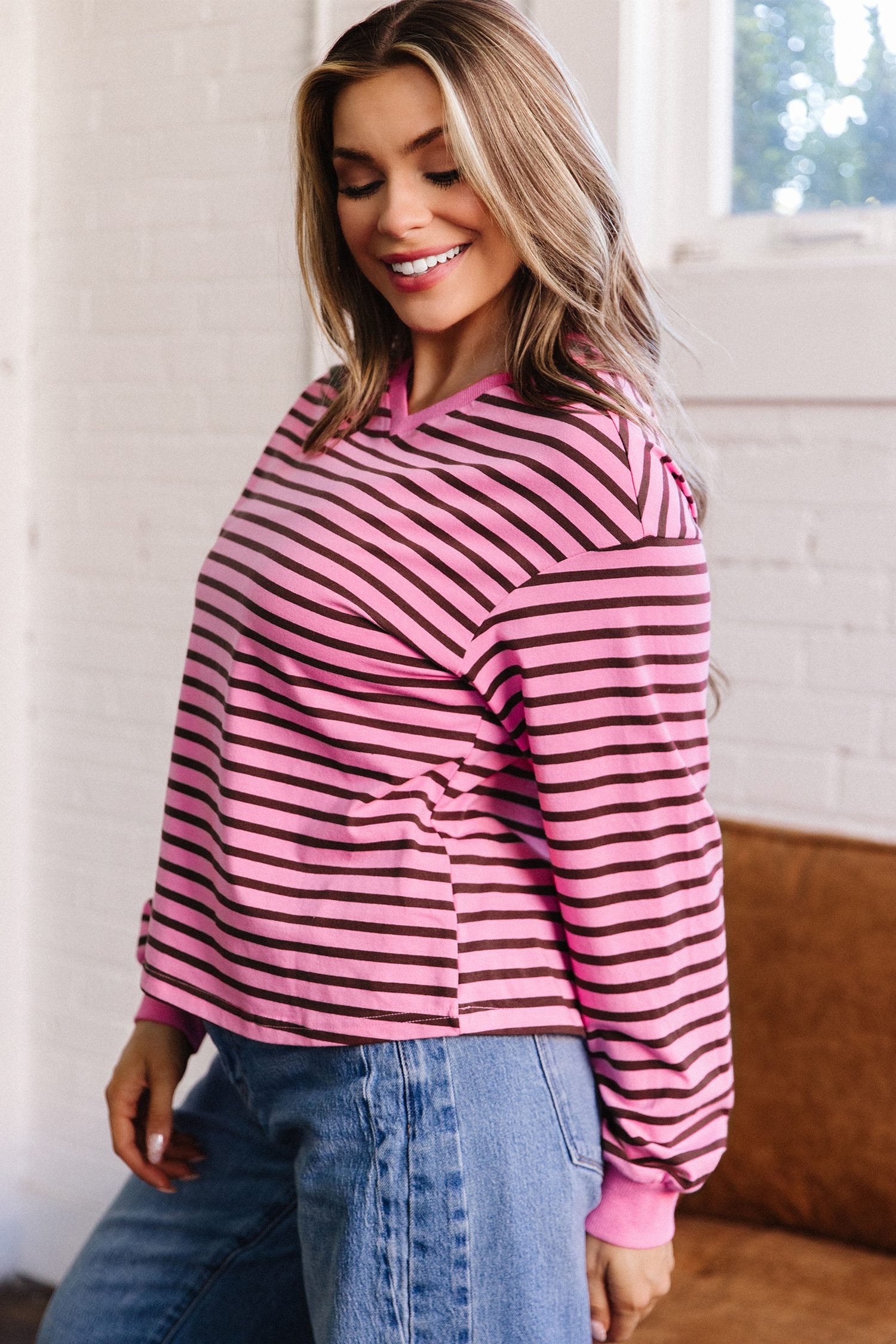 Pink Stripe V Neck Drop Shoulder Long Sleeve Top