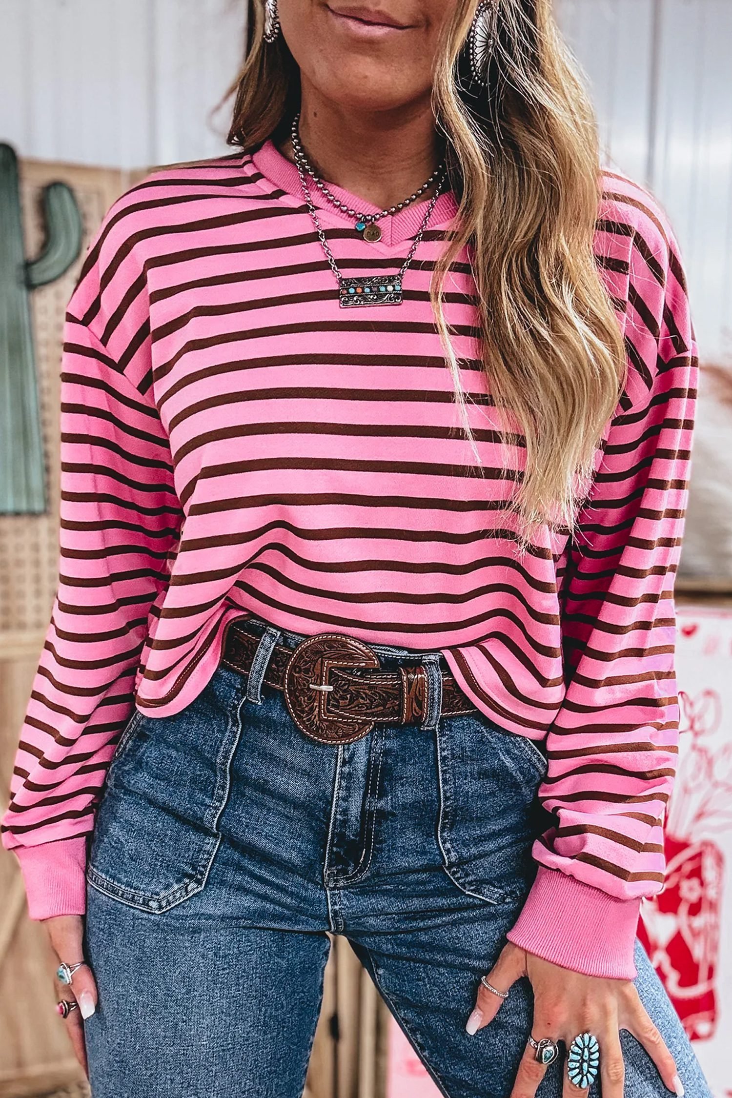Pink Stripe V Neck Drop Shoulder Long Sleeve Top
