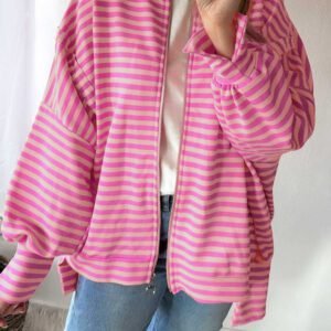 Pink Stripe Zip-up Puff Sleeve Zip Jacket Sweatshirt