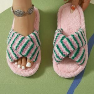 Pink Striped Cross Band Soft Plush Open Toe Slippers