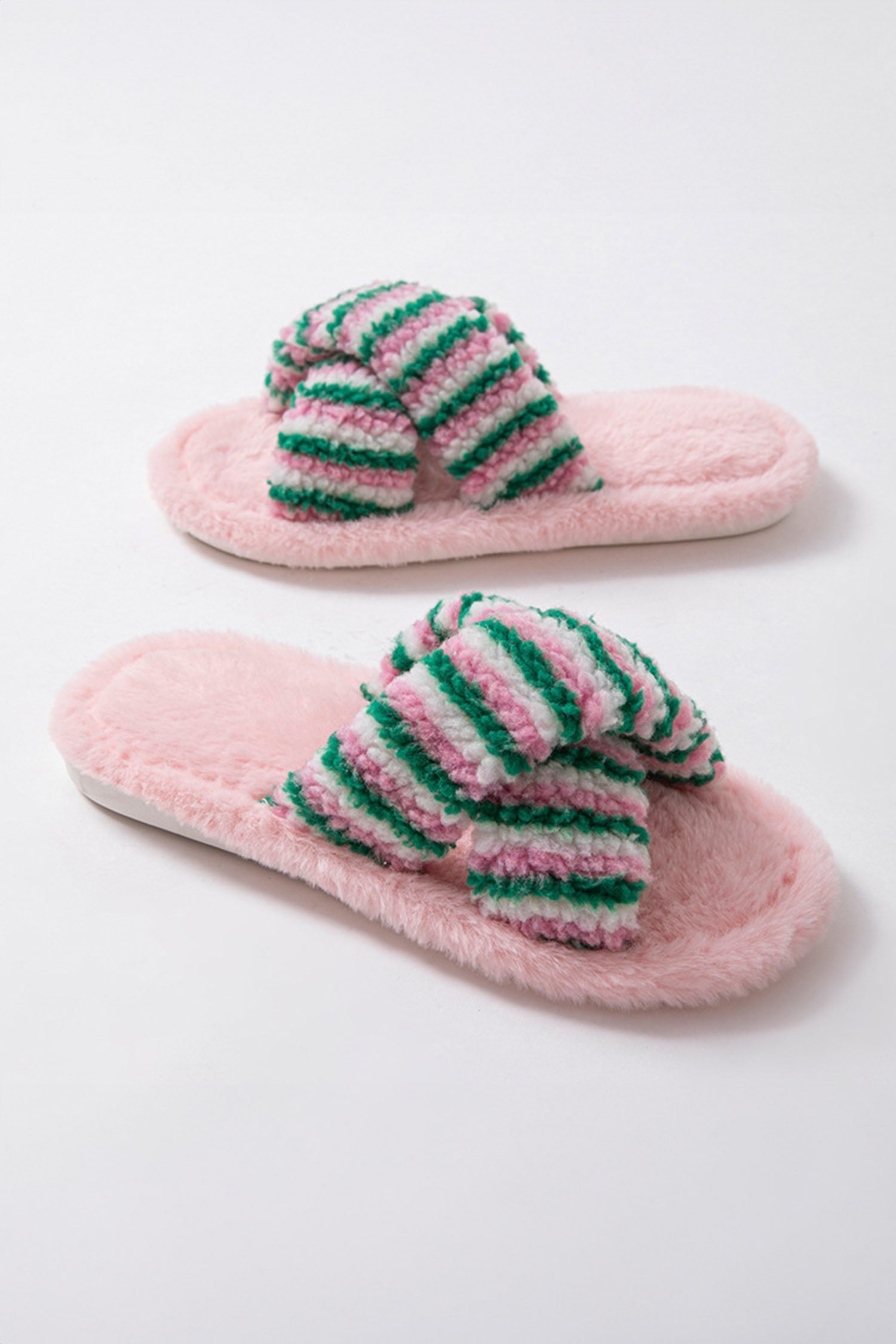 Pink Striped Cross Band Soft Plush Open Toe Slippers