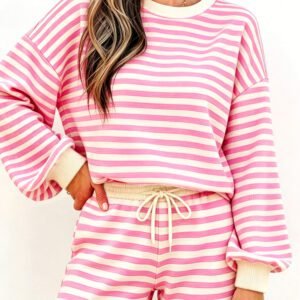 Pink Striped Long Sleeve Crew Neck Drawstring Waist Shorts Set
