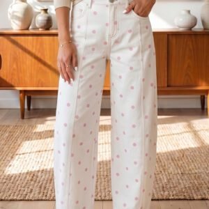 Pink Tailored Seam Polka Dot Print Barrel Casual Jeans