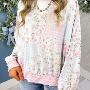 Pink Twisted Ribbed Trim Floral Print Patchwork Long Sleeve Top