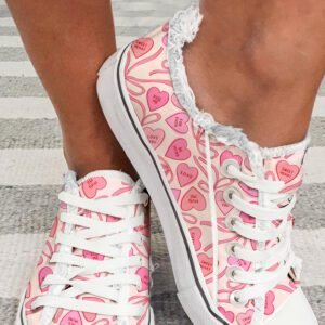 Pink Valentine Ribbon Heart Print Frayed Trim Lace Up Flat Shoes