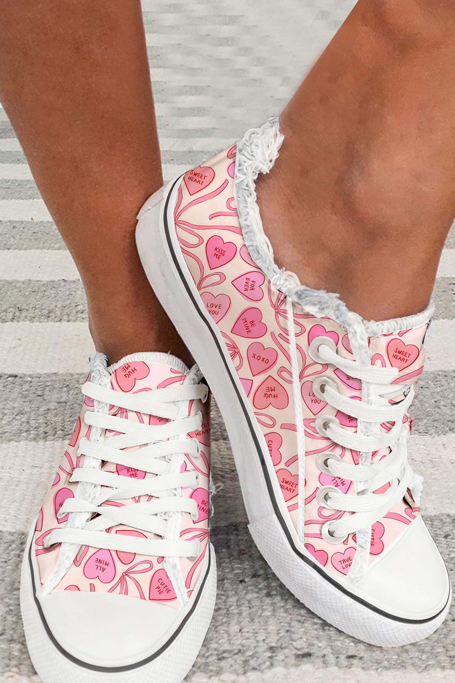 Pink Valentine Ribbon Heart Print Frayed Trim Lace Up Flat Shoes