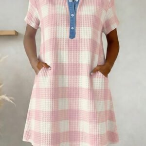 Pink Waffle Plaid Print Contrast Denim Shirt Collar Buttoned T Shirt Mini Dress