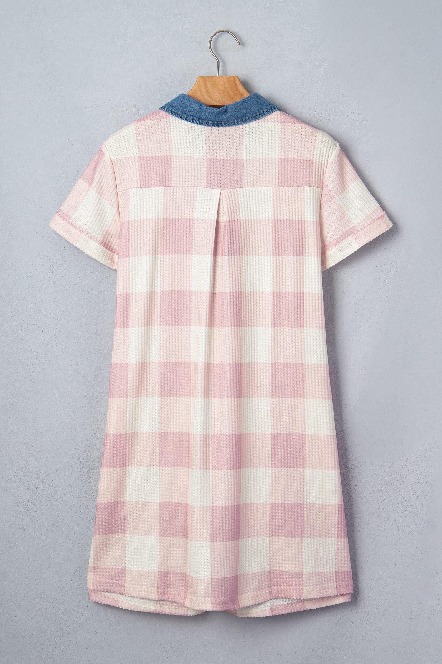 Pink Waffle Plaid Print Contrast Denim Shirt Collar Buttoned T Shirt Mini Dress