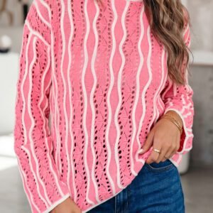 Pink Wavy Detail Hollow Out Knit Long Sleeve Cotton Pullover Sweater
