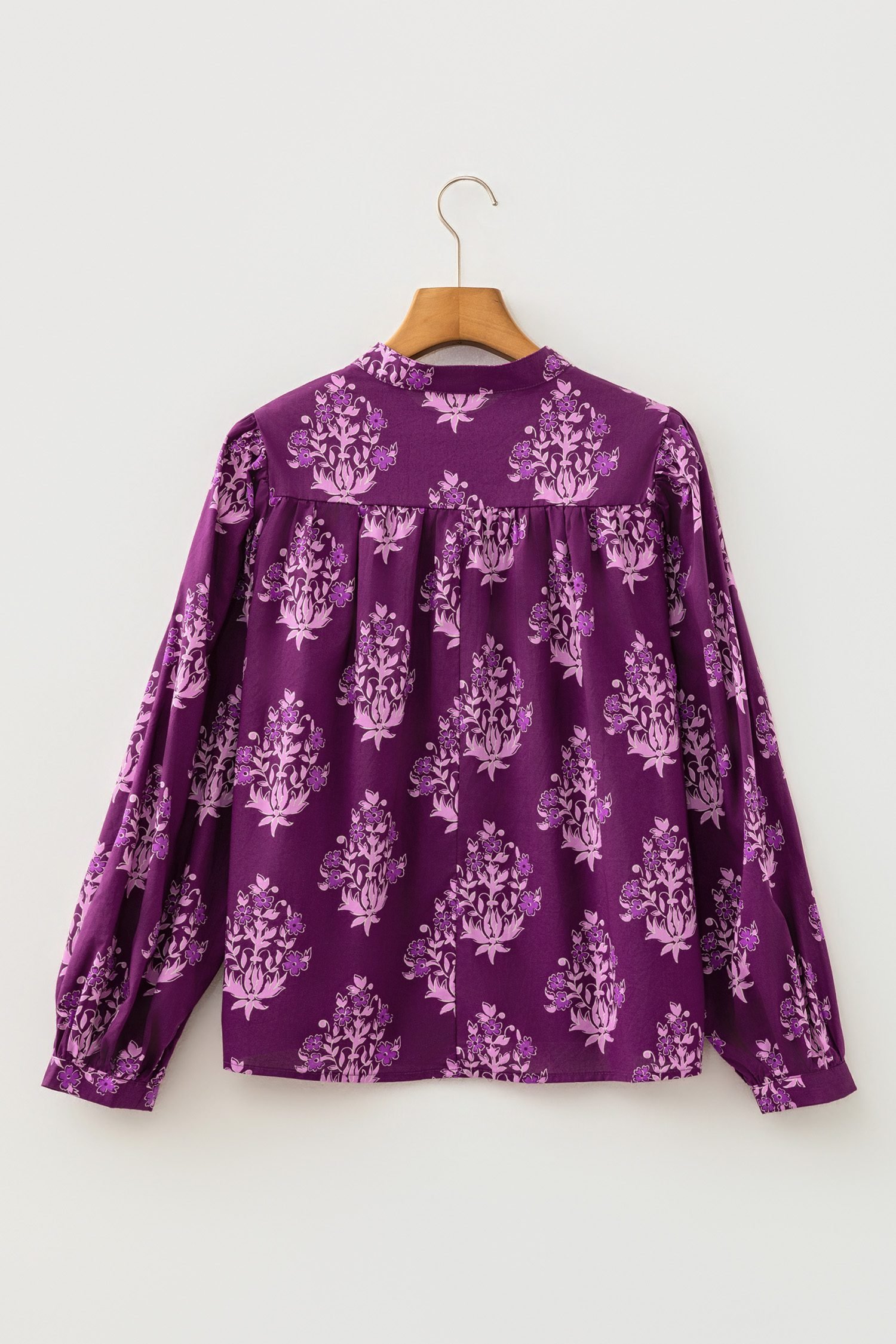Purple Floral Print Button Front Long Puff Sleeve Shirt