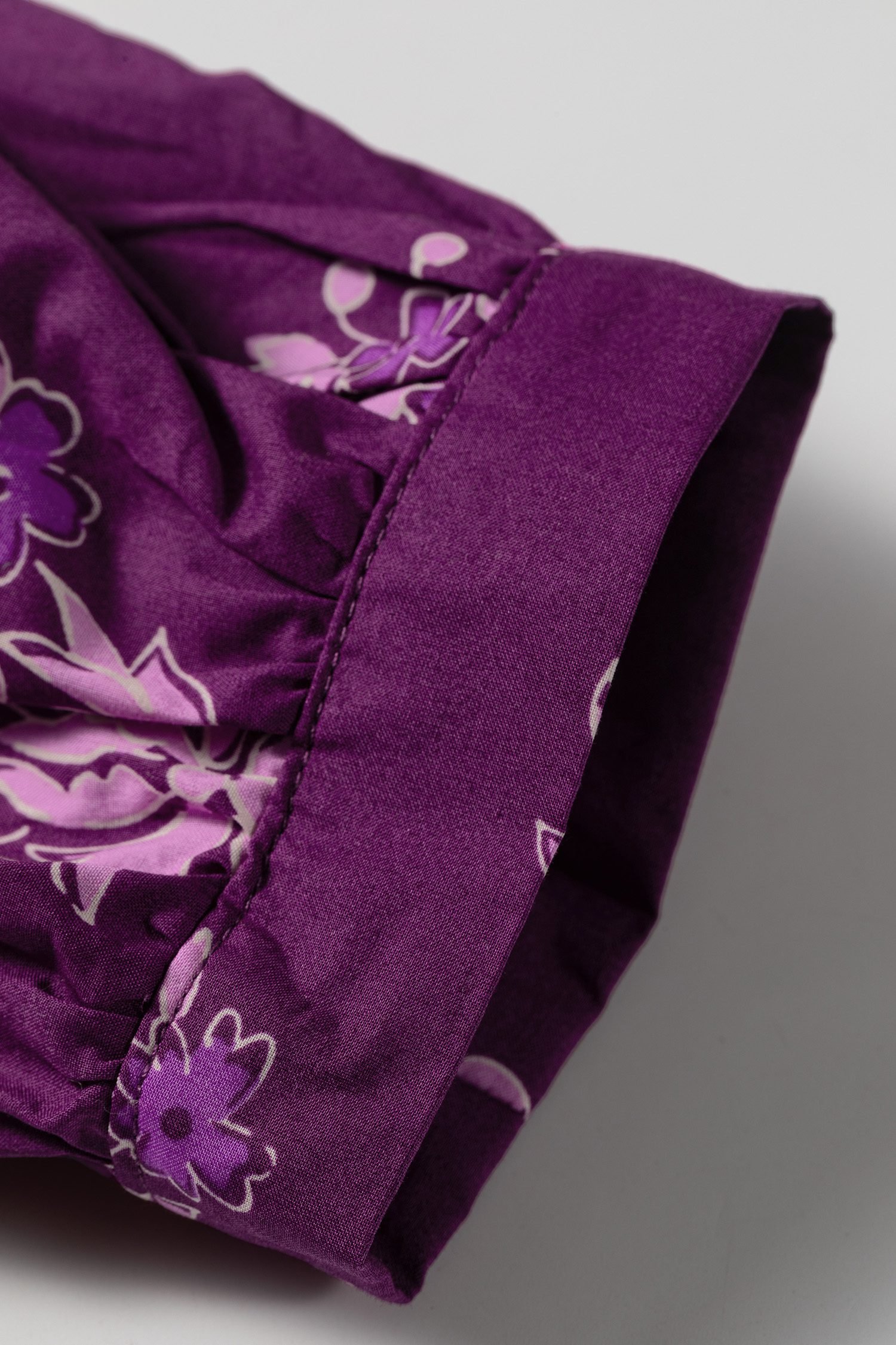 Purple Floral Print Button Front Long Puff Sleeve Shirt