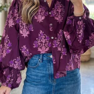 Purple Floral Print Button Front Long Puff Sleeve Shirt