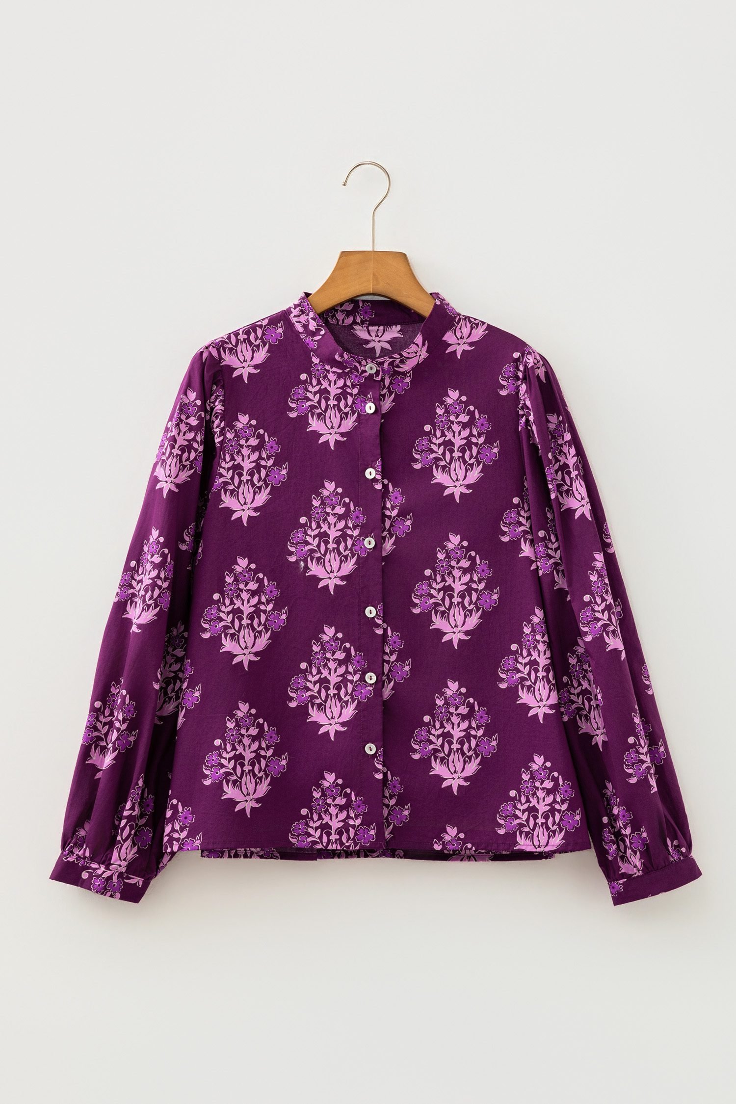 Purple Floral Print Button Front Long Puff Sleeve Shirt